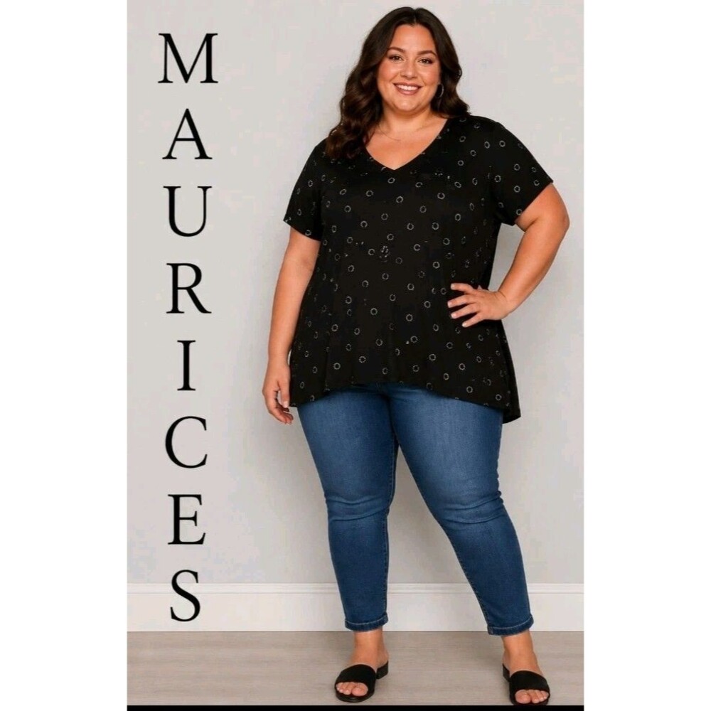 NWT MAURICES 24/7 Womens 2 20W/22W Horseshoe Hi-Lo V-Neck Stretch Black Tee Top